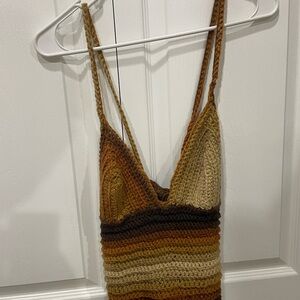 Striped Crochet Knit Top - Brown and Tan